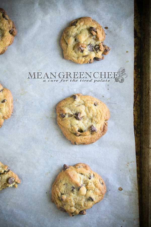 Stack of Bakery Style Chocolate Chip Cookies showing close up.