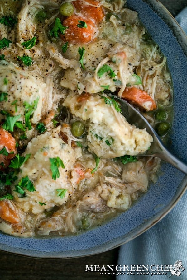 Chicken and Dumplings with a close up of a dumpling.