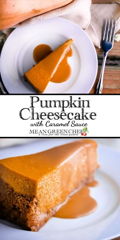 Pumpkin Cheesecake on a white plate and wooden background