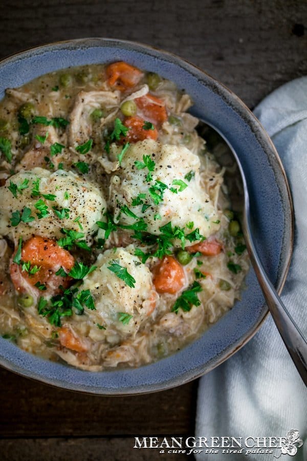 Blue bowl of Chicken and Dumplings