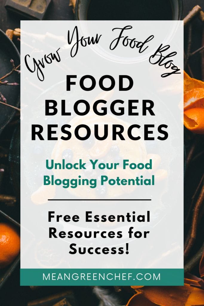 Pinterest Pin image for a food blog featuring the text "grow your food blog - food blogger resources - unlock your food blogging potential - free essential resources for success" on a background of bright oranges and peels.