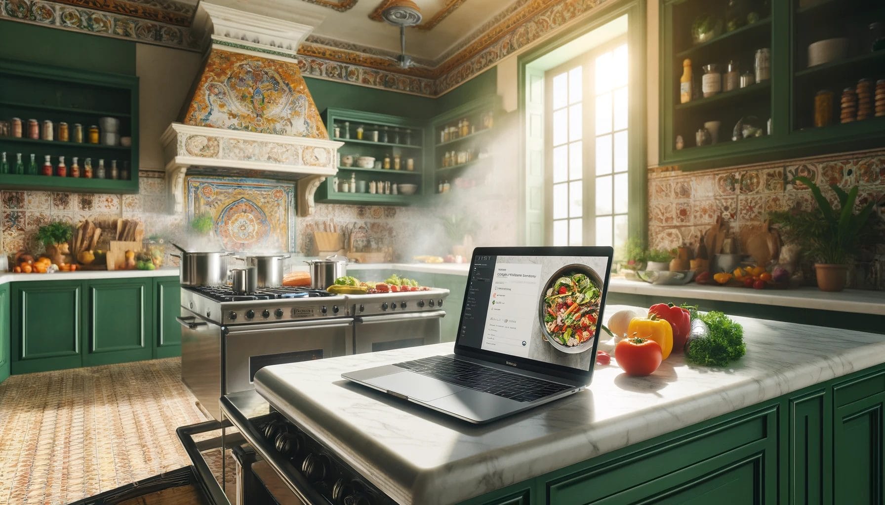 Sunlit, rustic Spanish kitchen with green cabinetry and colorful tiles, a laptop displaying a recipe on the counter amid fresh vegetables, and steaming cookware on the stove.