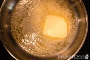 Butter cooking in a saute pan for making Brown Butter. Mean Green Chef