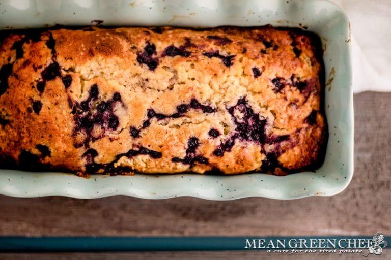 Blueberry Banana Bread in a blue loaf pan