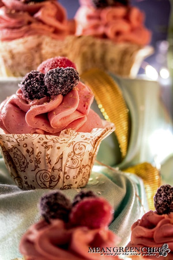 Side photo of Pink Champagne Cupcakes with Raspberry Buttercream