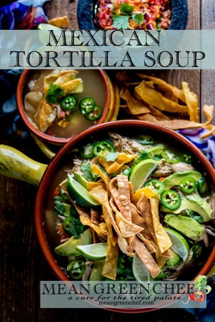 Overhead photo of Mexican Tortilla Chicken Soup Recipe overhead shot