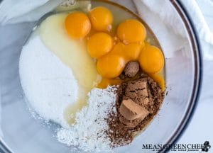 Egg yolks, cocoa powder, sugar and corn starch for Rich Chocolate Creme Patissiere Pastry Cream.