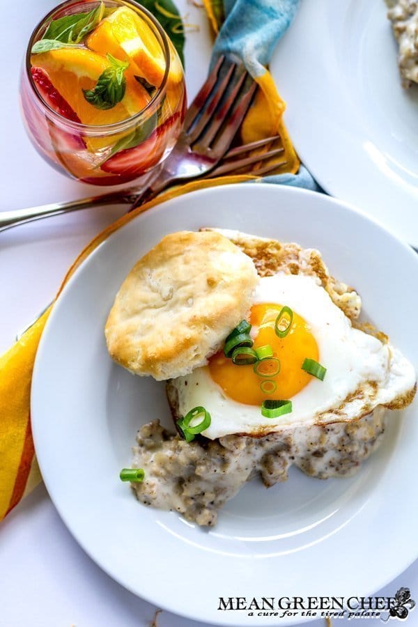 Country Sausage Gravy, served over fluffy buttermilk biscuits and topped with a bright sunny side up egg.
