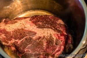 Chuck roast searing for Red Wine Pot Roast in Instant Pot.