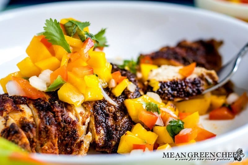 Blackened Chicken with Mango Salsa in a white bowl.