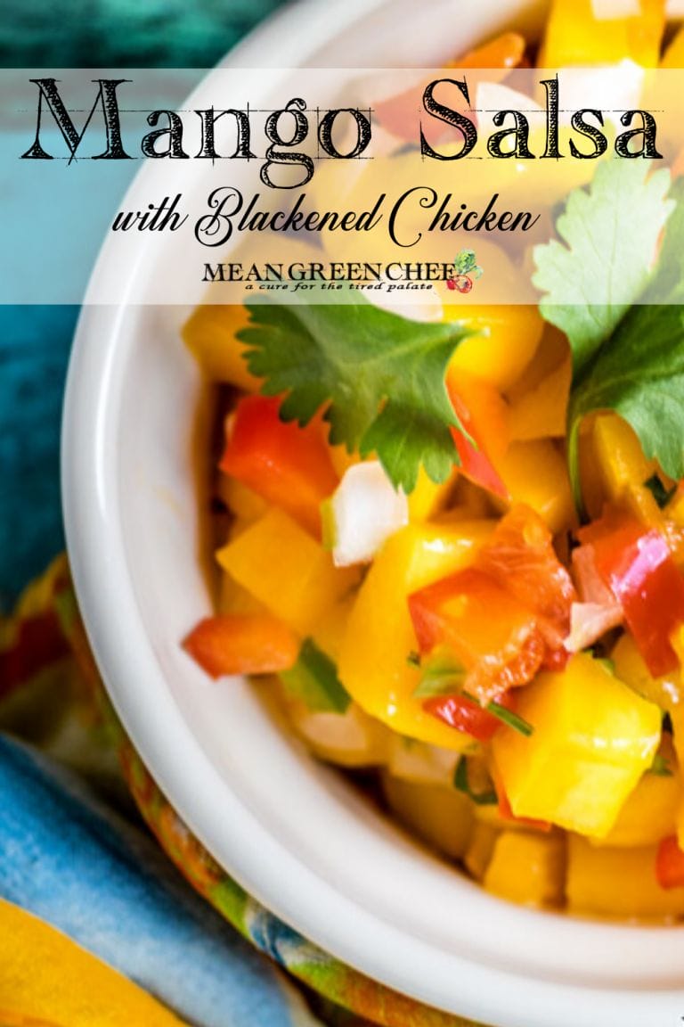 Mango Salsa in a small white bowl garnished with cilantro