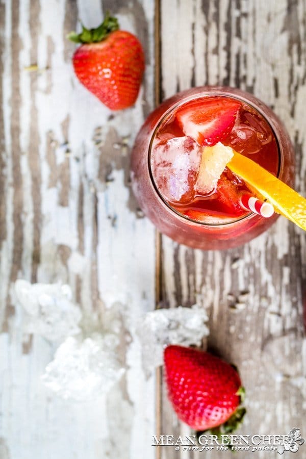 Overhead of a glass of Instant Pot Strawberry Iced Tea.