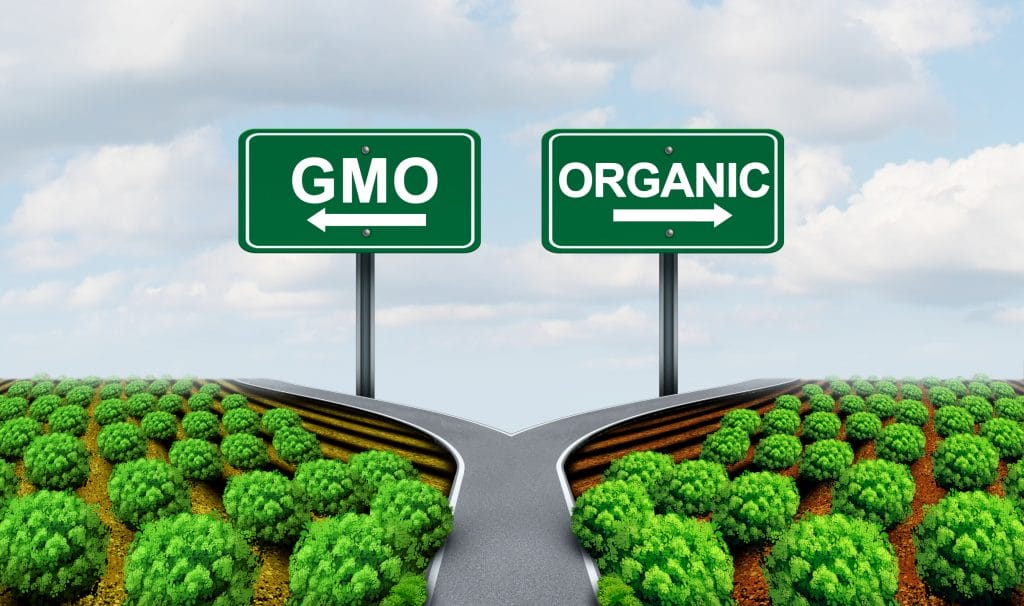 Signs pointing in different directions for GMO or Organic