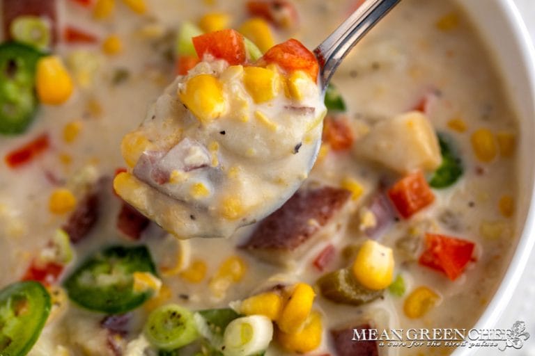 Close up of a spoonful of Sweet Corn Chowder