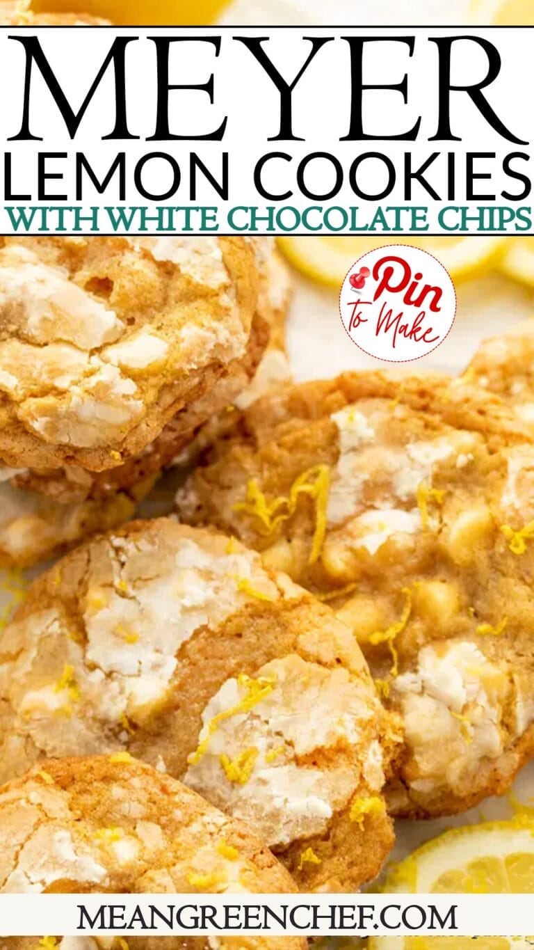 Pinterest Pin Image of Meyer Lemon Cookies with white chocolate chips, garnished with lemon zest. text overlay: "Meyer Lemon Cookies with white chocolate chips | Pin to make | meangreenchef.com".