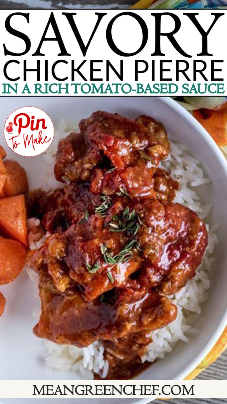 Pinterest Pin: A bowl of Chicken Pierre coated in a rich tomato sauce, served over Jasmine rice. Garnished with fresh thyme, accompanied by a side of roasted carrots. Situated on a rustic wood background, with colorful silk woven underneath the bowl and out of the top of the frame.